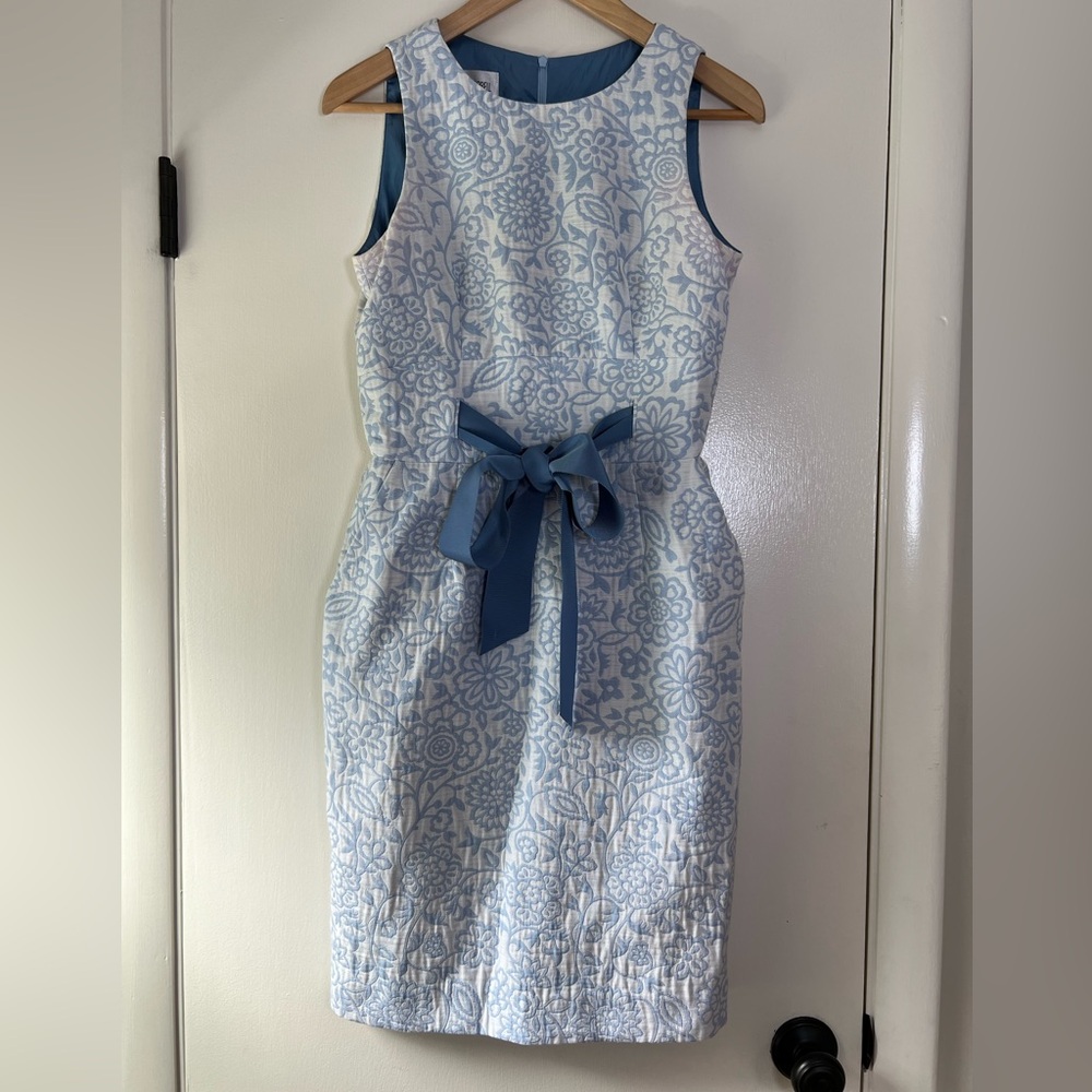 Sara Campbell Blue White Brocade Sleeveless Sheath Dress Grosgrain Ribbon Size 4